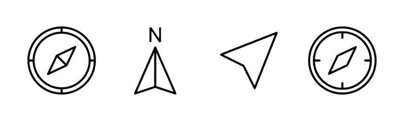 Navigation compass icons set with directional arrow and north symbol for travel and exploration guiding pointer indicating direction for journey mapping and finding way