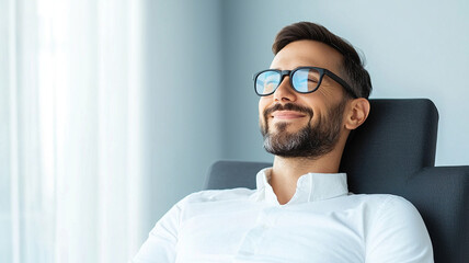 Obraz premium Relaxed freelancer enjoying life while earning living, smiling contently in modern workspace