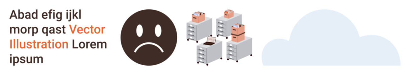 Fototapeta premium Data management, cloud servers, technical issues, error messages, digital infrastructure, system failure. Sad face symbol and server stacks with cloud graphic. Data management and system failure
