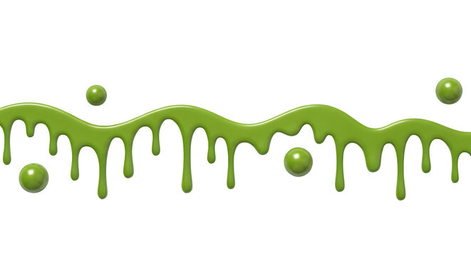 Green Pistachio Ice Cream oozes with shiny droplets on a white surface. The syrup, in liquid form, flows downward. Sweet green ice cream drops serve as a decorative edge for culinary art, food design,