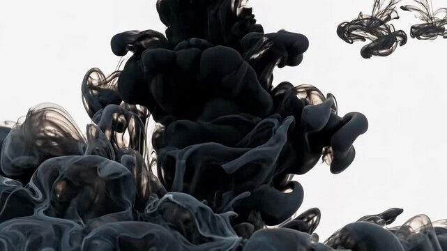 Abstract black ink swirling and dissolving in clear water, creating dynamic patterns.