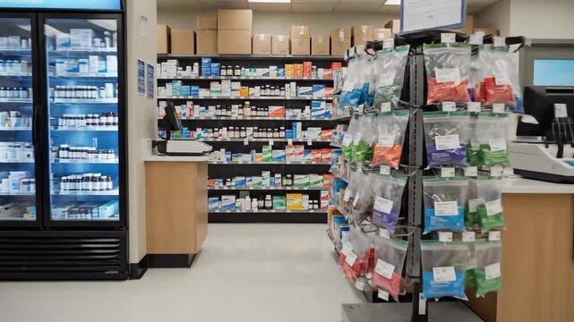Pharmacy Interior With Shelves Stocked With Medicines and Health Products Under Bright Fluorescent Lighting