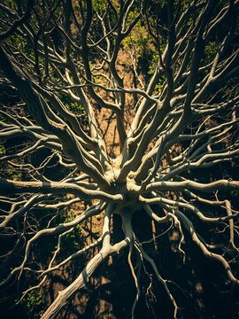Gilded network of limbs, time-worn bark textures, dreamlike aerial perspective,  organic geometry,  branch network
