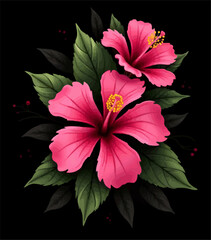 Obraz premium Vector pink hibiscus flower with green leaf isolated on black background. Bright summer hawaiian tropical print. Element of seamless fabric pattern. Floral fashion ornament for women clothing, notepad