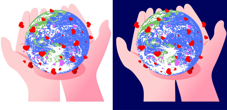 Concept of world peace and love with Earth globe held in human hands and many flying hearts