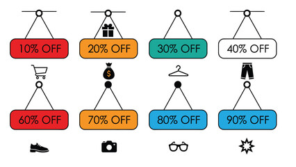 A colorful illustration of various discount signs and shopping icons on a white background