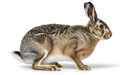 Obraz premium A high-resolution image of a wild rabbit with detailed fur texture and alert posture against a clean white background