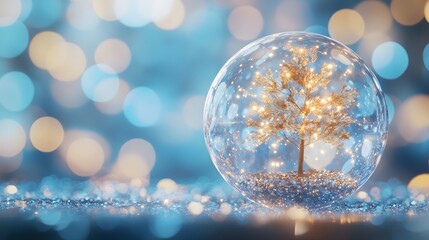 Golden Tree in Glass Sphere with Bokeh Lights holiday