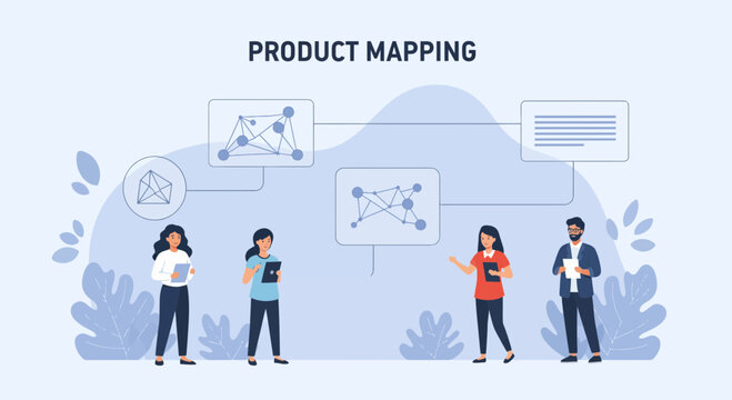 Product mapping process with people and diagrams for business strategy.