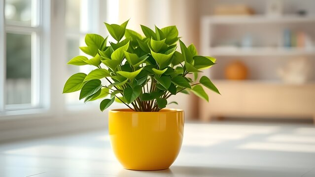 a scindapsus plant in a yellow pot isolated in a white room