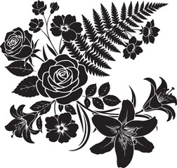 Black and white floral arrangement with roses lilies and ferns flowers