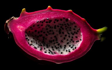 Magenta dragon fruit sliced open showing black seeds