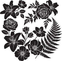 Black and white floral of roses lilies and ferns flowers