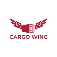 Modern winged shipping container icon for fast international logistics and global freight delivery branding, featuring the text Cargo Wing