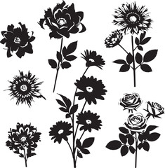 Black and white floral silhouettes on white background flowers