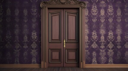 Obraz premium Ornate wooden double doors against purple damask wallpaper