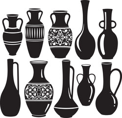 Black and white silhouettes of various antique vases ceramic