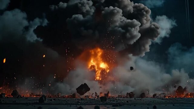 Dramatic explosion with fire and smoke creating a powerful and destructive scene.