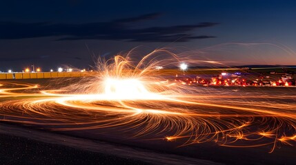 Steel wool spinning light trails at dusk with distant town lights