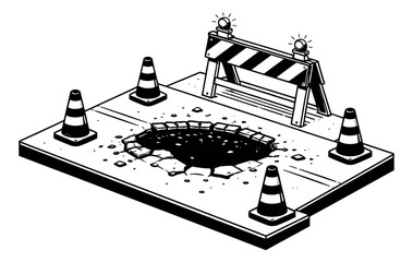 Naklejka premium Hand drawn line art illustration of a road hazard depicting a deep pothole, cones, and a barrier for road safety