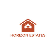 Minimalist house silhouette with sun rising window icon for real estate agency or property development branding, Horizon Estates logo