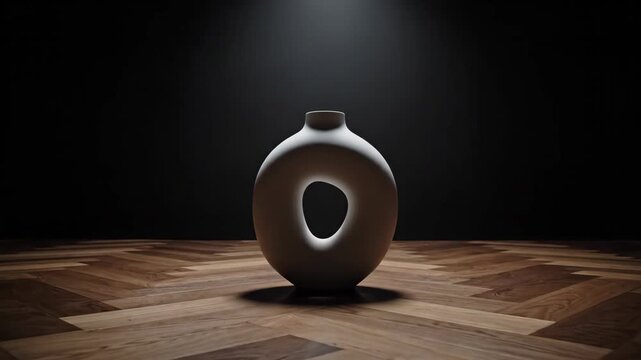 Modern White Ceramic Vase With Central Hole On A Parquet Floor Illuminated By Spotlight