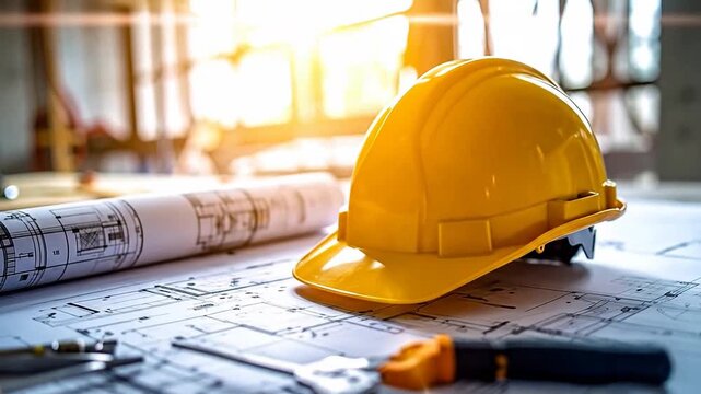 A construction blueprint with tools and a hardhat in a brightly lit studio setting.