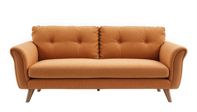 Mid century modern two seater sofa upholstered in textured burnt orange fabric with button tufted back cushions on transparent background