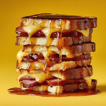 A tall stack of toasted bread slices melted cheese and ham generously drizzled with golden syrup on a yellow background