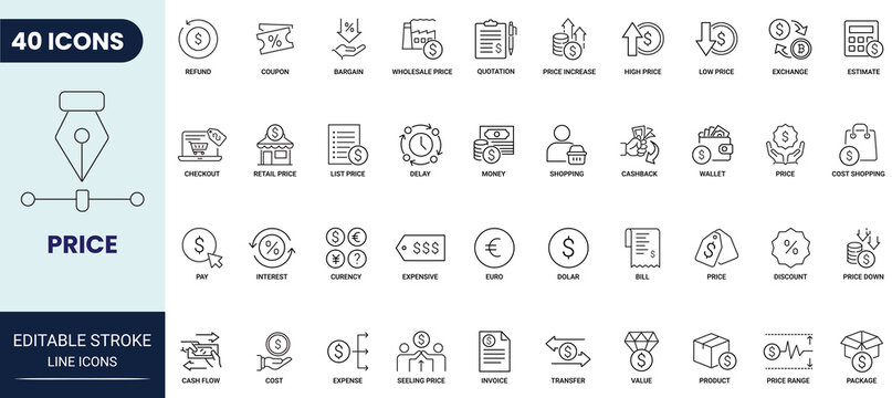 Price line icon set. Includes cost, transfer, payment, price range and more. Editable stroke. Vector illustration.