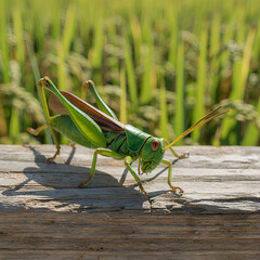 Fototapeta premium This image shows a bright green grasshopper standing on a wooden surface. The grasshopper displays detailed features such as long antennae, strong legs, and neatly folded greenish-brown wings. The blu