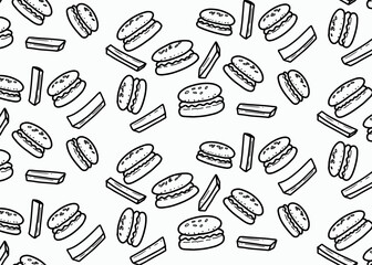 Seamless black and white pattern featuring hand-drawn cartoon hamburgers and french fries, perfect for fast food themed designs or backgrounds.