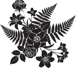 Black and white floral arrangement with roses and ferns flowers