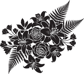 Black and white floral arrangement with roses lilies and ferns flowers