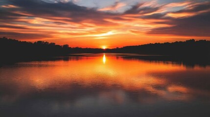 Obraz premium Dramatic Sunset Over Calm Lake With Silhouetted Trees And Golden Orange Sky Reflection sunrise water 1