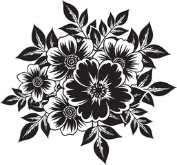 Black and white floral bouquet with large flowers and leaves