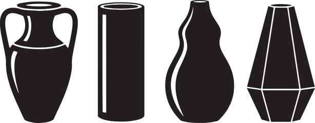 Black and white of four different shaped vases shapes ceramic