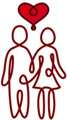 Minimalist continuous line art of man and woman in love, handmade romantic concept One line drawing of a romantic couple holding hands with red heart, minimalist vector illustration.