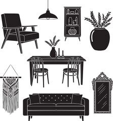 Black and white of various furniture and home decor chair sofa