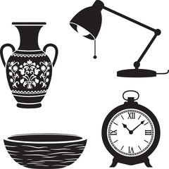Black and white of vase bowl lamp and pocket watch