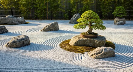 Obraz premium Carefully raked white gravel surrounds various natural stones and potted miniature trees in a serene contemplative garden.