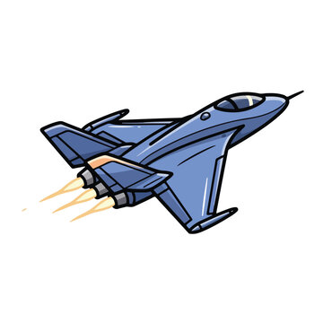 A blue fighter jet flying with flames from its engines