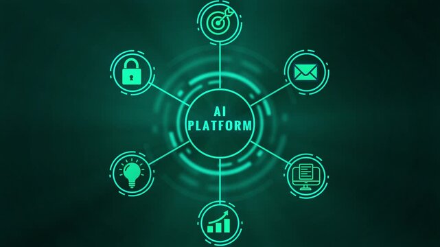 Teal digital infographic diagram illustrating an AI platform concept with connected for lightbulb, computer, growth chart, and a circular node on a dark textured background with glowing concentric