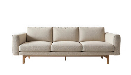 Contemporary three-seater sofa featuring textured cream upholstery and simple wooden legs for modern living spaces on transparent background