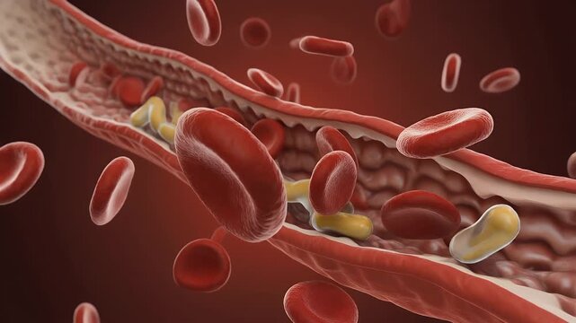 Close-up of blood vessel with red blood cells and plaque