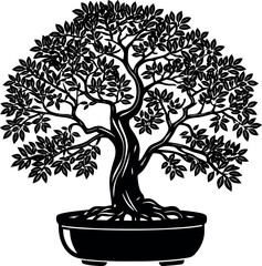 Bonsai Tree Silhouette in Pot Minimal Black and White Illustration isolated  on White Background.
