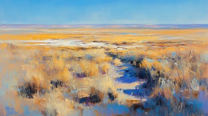 A vast, sun-drenched landscape of grasslands and shallows.