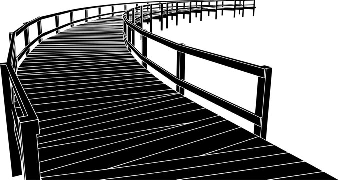 Winding wooden boardwalk silhouette stretching into the distance