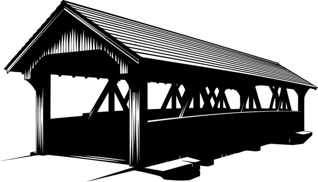 Traditional timber covered bridge silhouette in perspective view