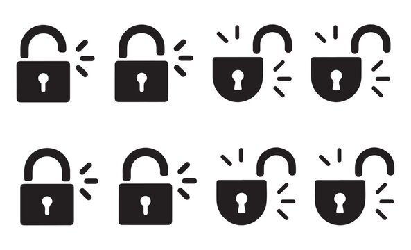 Padlock opening sequence icons showing security breach and access granted vector silhouette